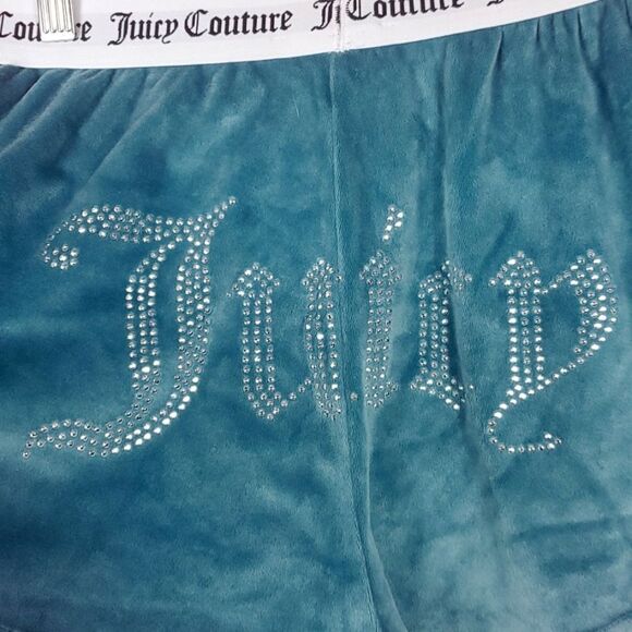 JUICY COUTURE Velour Shorts Teal Bling Rhinestones Y2K Womens Size Large - Picture 4 of 6
